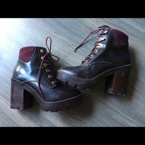Burgundy lug sole heeled boots